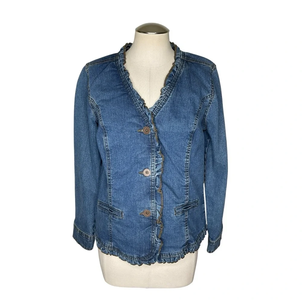 Gloria Vanderbilt Denim Jacket Small Ruffle Trim Button Front - Picture 2 of 5